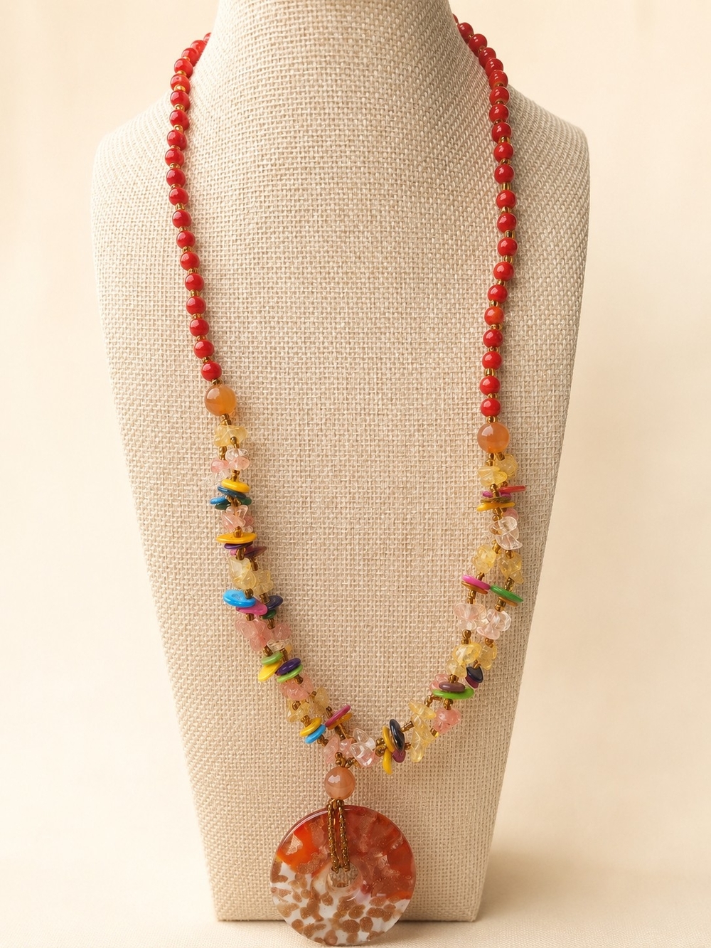 Artisan Multicolor Beaded Statement Pendant Necklace 24"
